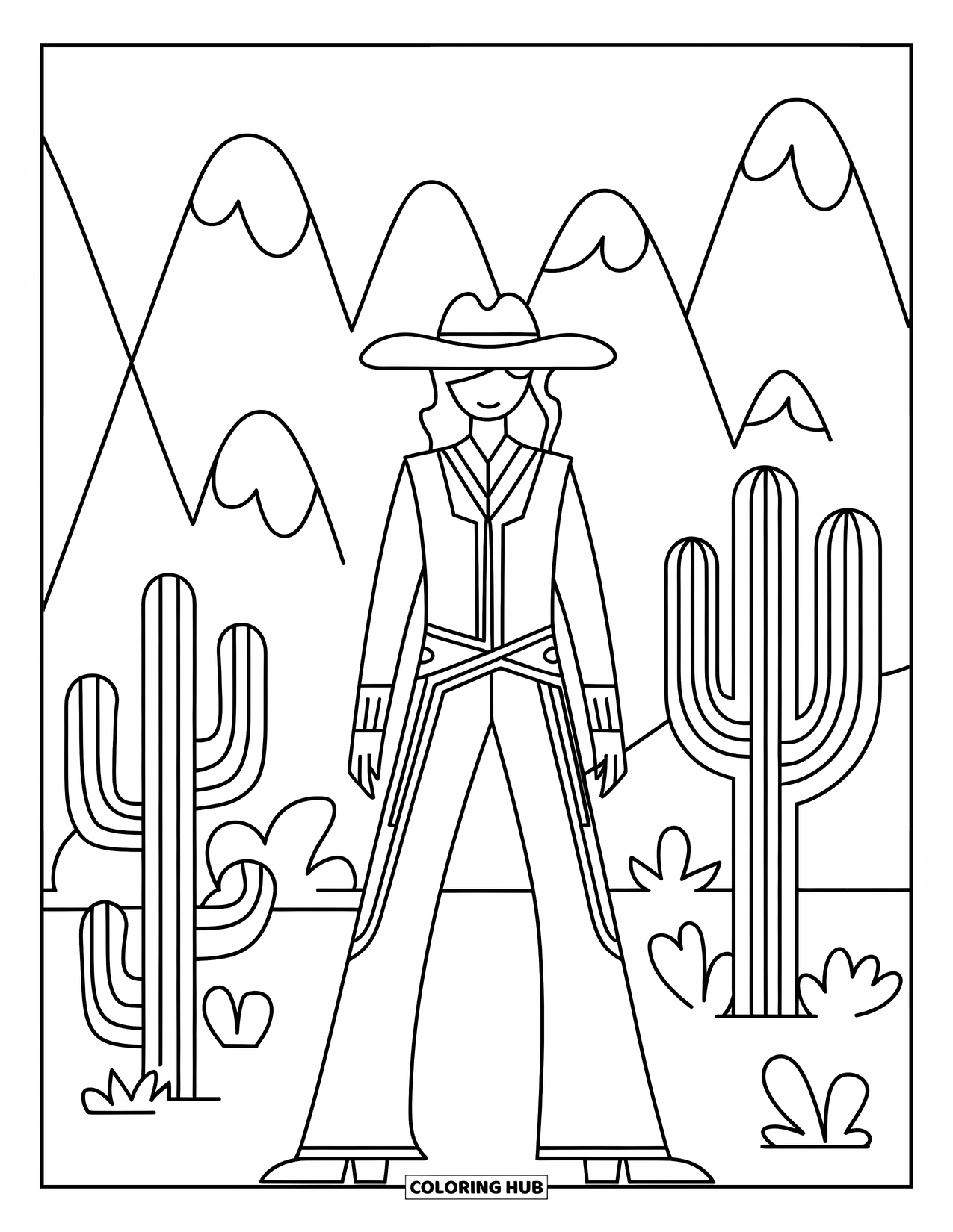 Cow Girl Coloring Page for Adults: A cowgirl in a vest stands among sharp mountains and round cacti in the desert