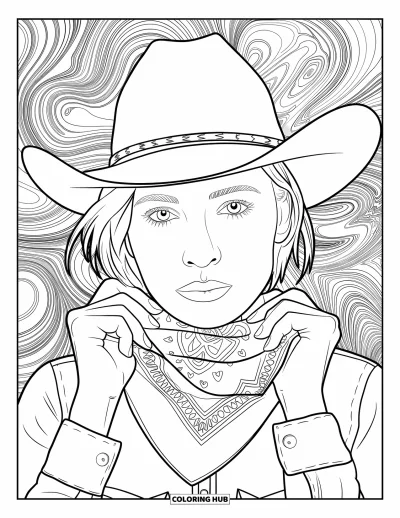 Cowgirl-målarbild för vuxna: En cowgirl i western-hatt justerar sitt bandana i en svirlfylld scen