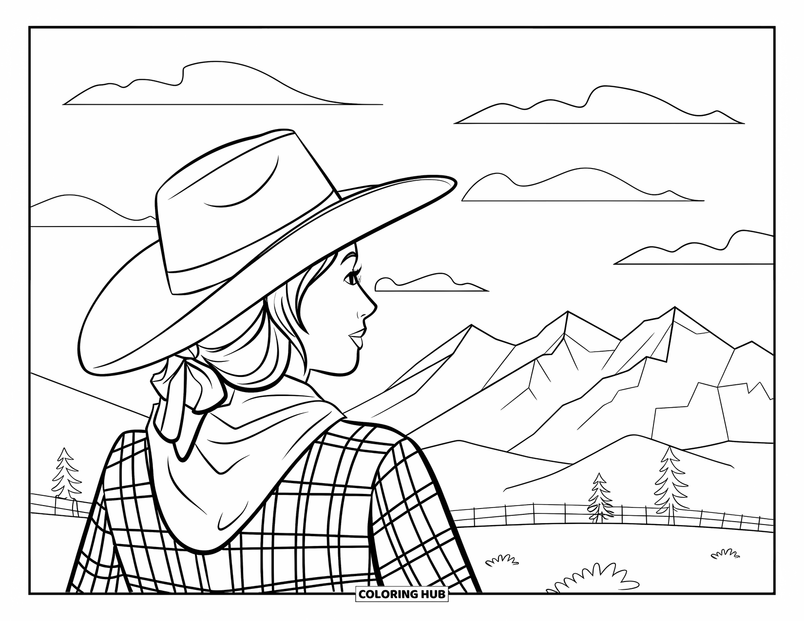 Cow Girl Coloring Page for Adults: A cowgirl in plaid looks toward the mountains and cloudy sky
