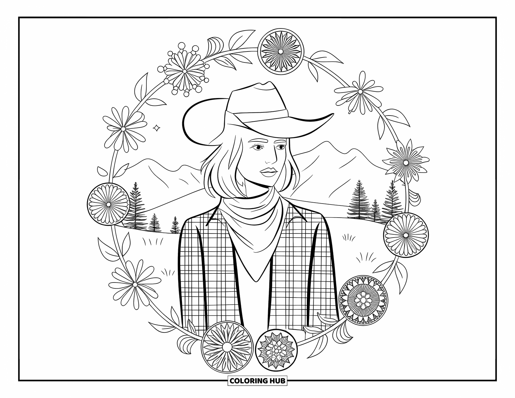 Cow Girl Coloring Page for Adults: A cowgirl in plaid stands in a mandala circle with trees behind her