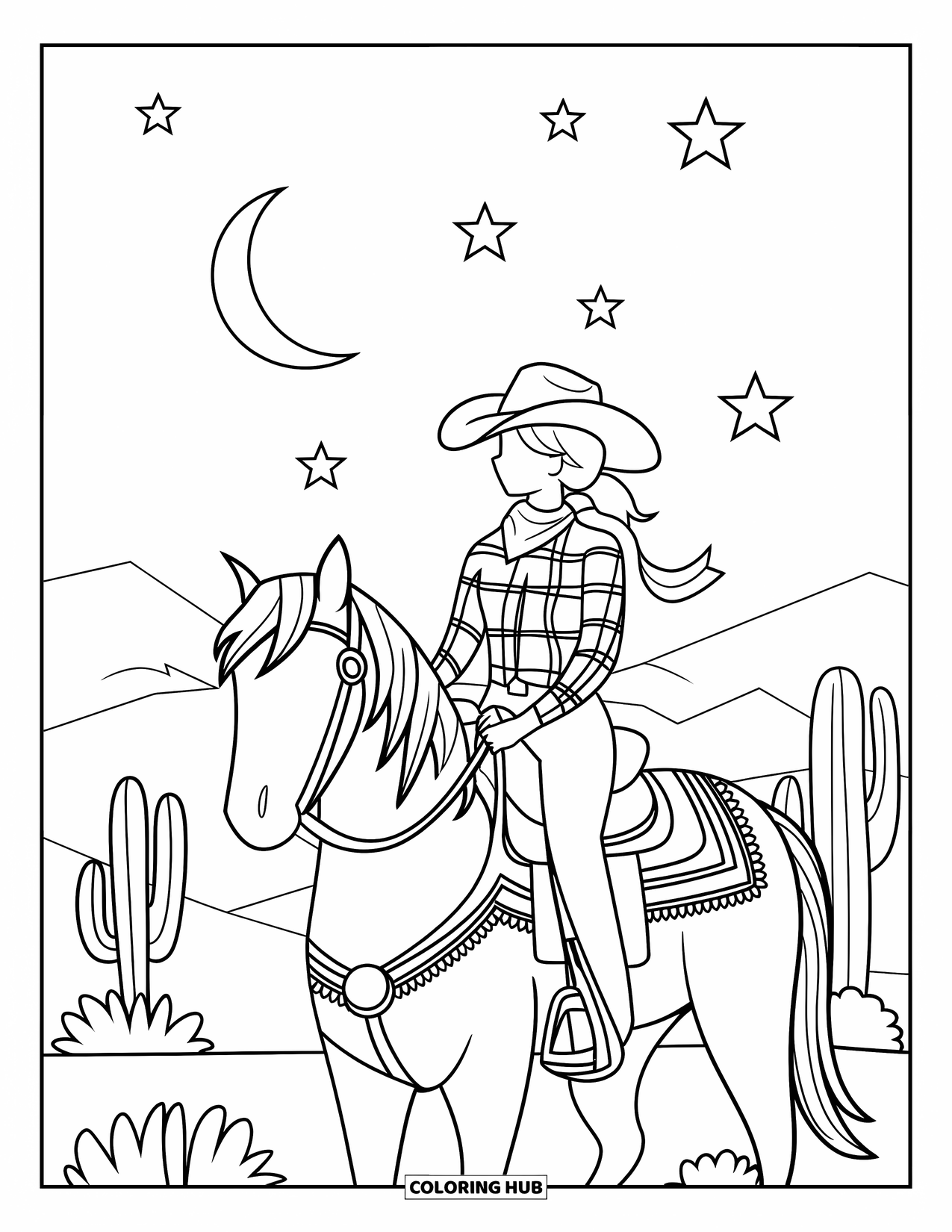 Cow Girl Coloring Page for Adults: A cowgirl on a decorated horse rides through a desert under a moon