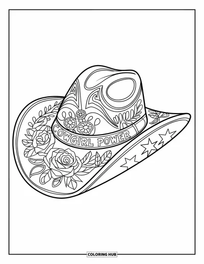 Cowgirl-målarbild för vuxna: En hatt med texten "Cowgirl Power", rosor, stjärnor och ränder på en vit sida