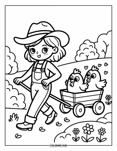Cowgirl-målarbild för vuxna: En cowgirl drar en hövagn medan höns rider med längs en blomsterspräcklig stig