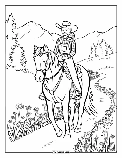 Cowgirl-målarbild för vuxna: En cowgirl rider längs en stig kantad av vildblommor med avlägsna berg