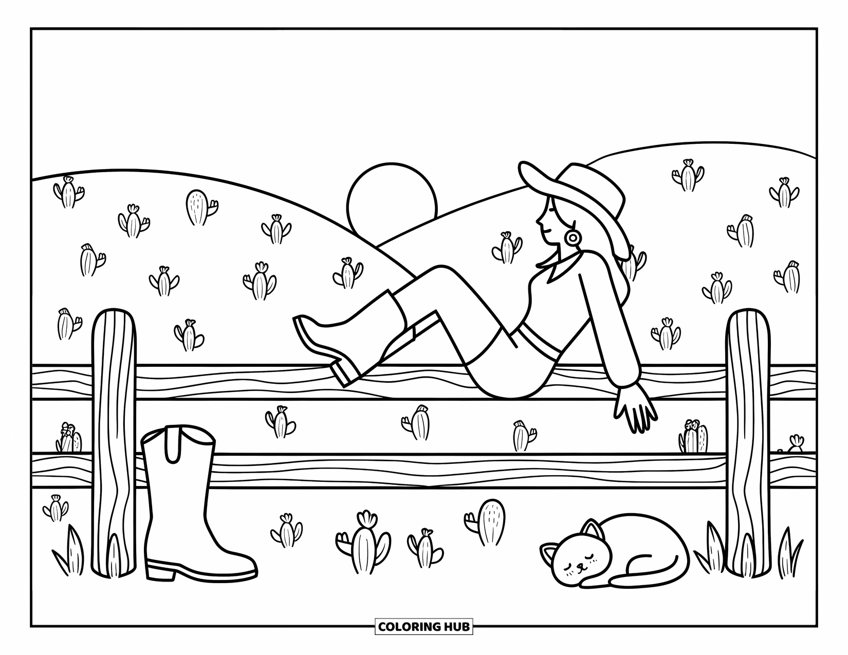 Cow Girl Coloring Page for Adults: A cowgirl sits on a fence watching the sunset with boots and a cat beside her