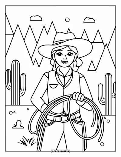 Cowgirl-målarbild för vuxna: En cowgirl står i en öken med berg och höga kaktusar bakom sig