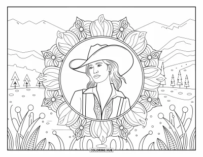Cowgirl-målarbild för vuxna: En cowgirl står i en blomstermandala med berg i bakgrunden