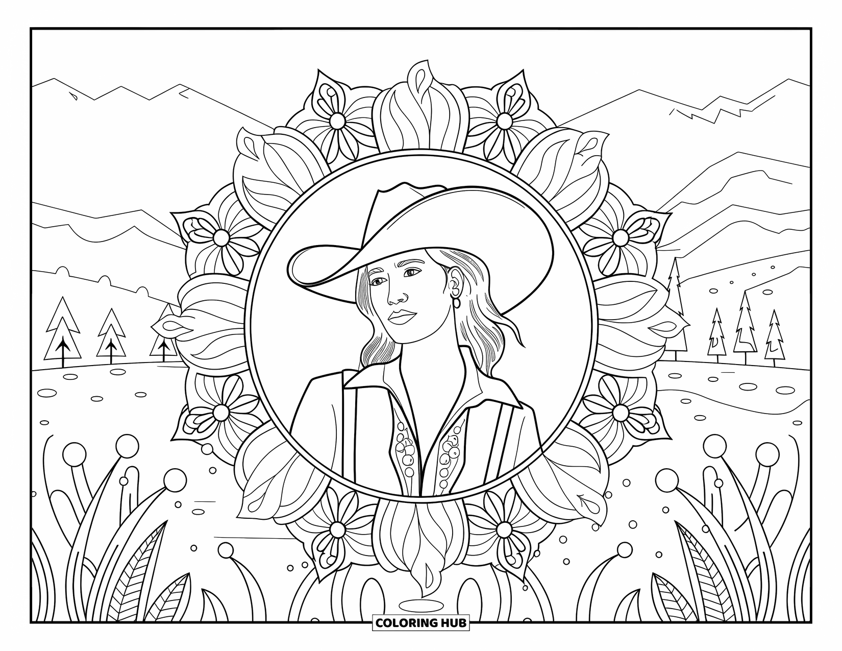 Cow Girl Coloring Page for Adults: A cowgirl stands in a floral mandala with mountains in the background
