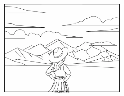 Cowgirl-målarbild för vuxna: En cowgirl står med händerna i sidan och blickar mot avlägsna berg