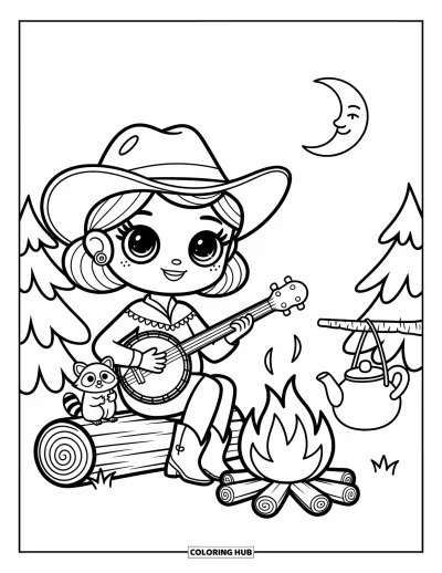 Cowgirl-målarbild för vuxna: En cowgirl spelar banjo vid elden med en tvättbjörn och månbelysta träd i bakgrunden