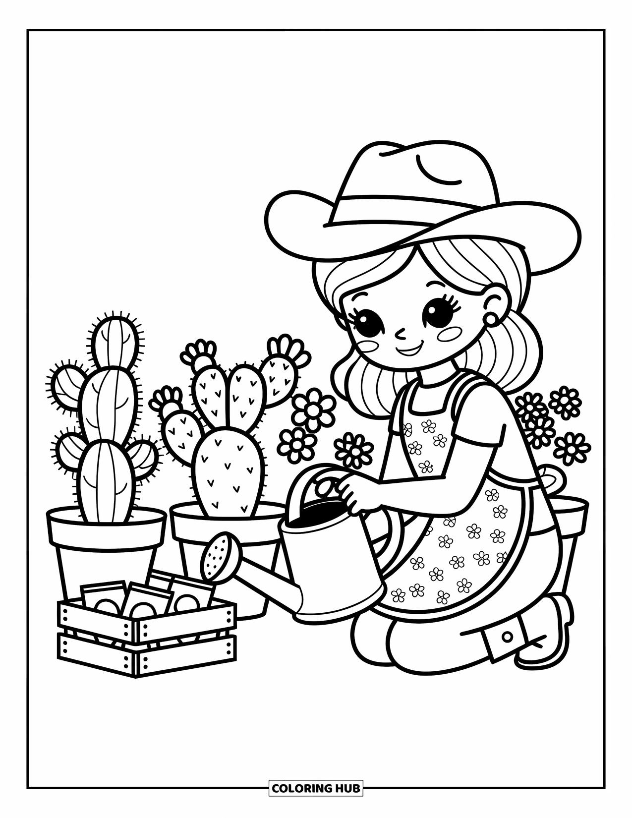 Cow Girl Coloring Page for Adults: A cowgirl tends to flowers with a boot-shaped watering can and cozy apron