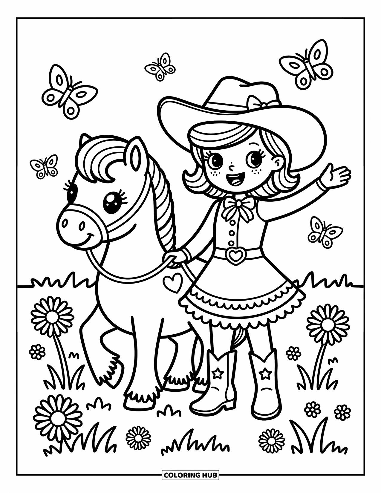 Cow Girl Coloring Page for Adults: A cowgirl waves beside her pony in a meadow full of daisies and butterflies