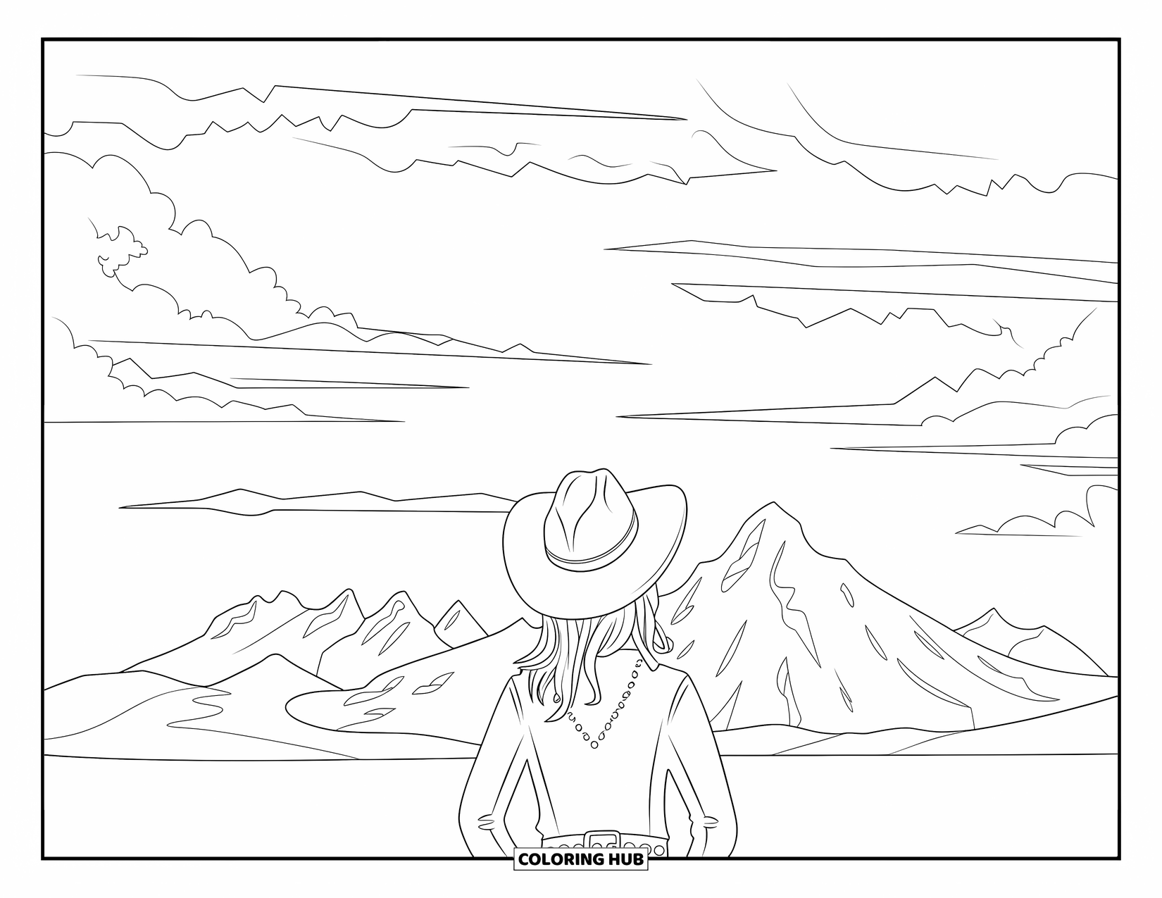 Cow Girl Coloring Page for Adults: A cowgirl with a necklace looks at mountain peaks under a cloudy sky