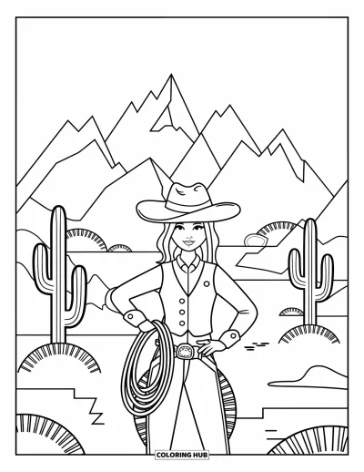 Cowgirl-målarbild för vuxna: En cowgirl med väst och lasso står i en öken med berg och tonade horisonter