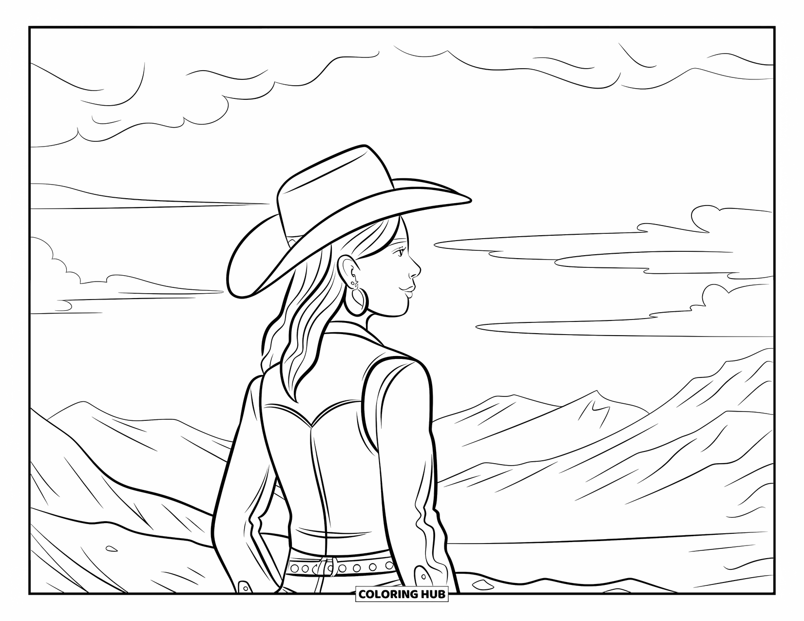 Cow Girl Coloring Page for Adults: A cowgirl with long hair stands on rocky land, staring at the horizon