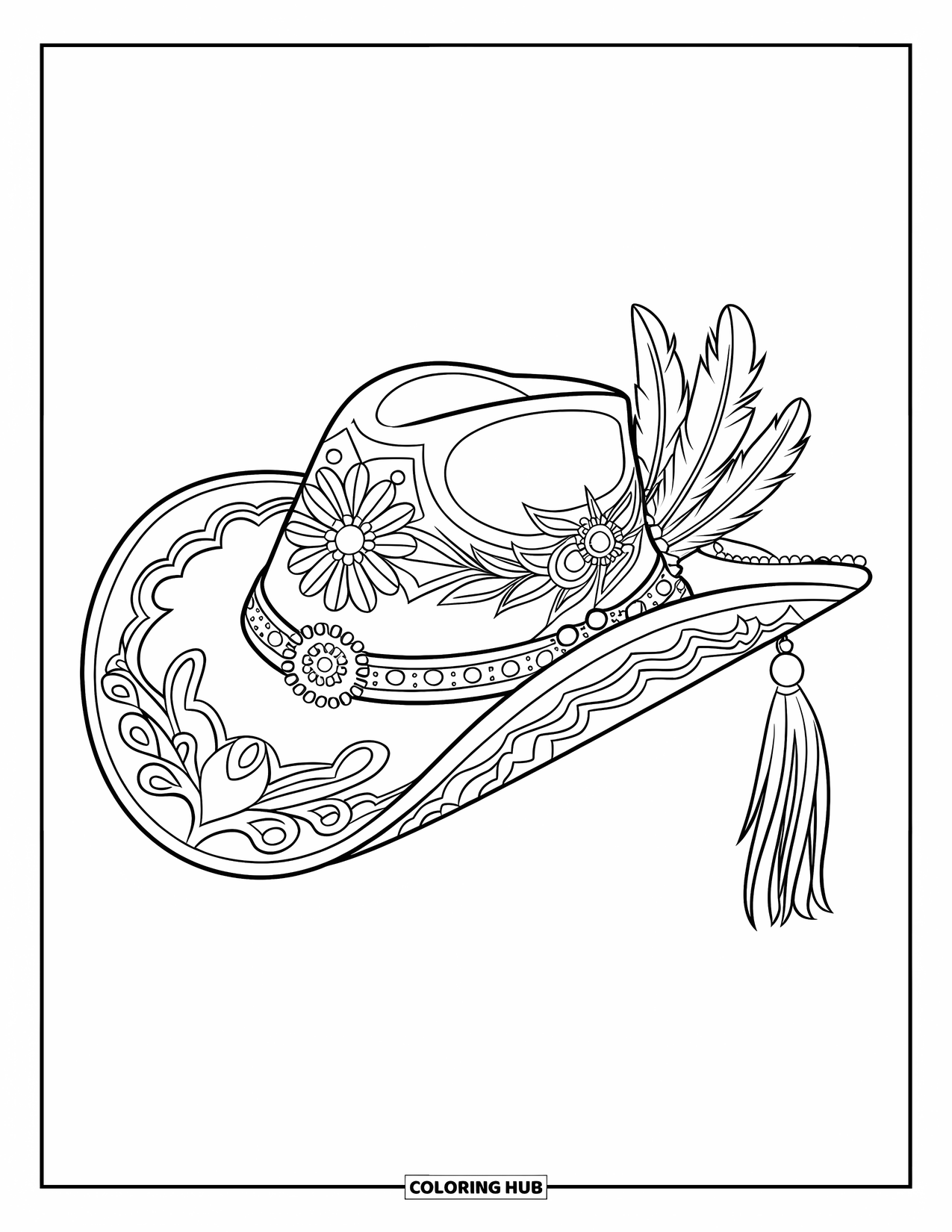 Cow Girl Coloring Page for Adults: A floral cowgirl hat with beads, feathers, and a tassel is outlined on white
