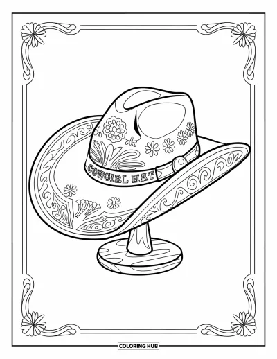 Cowgirl-målarbild för vuxna: En blomstermönstrad cowboyhatt vilar på ett träställ i en ram