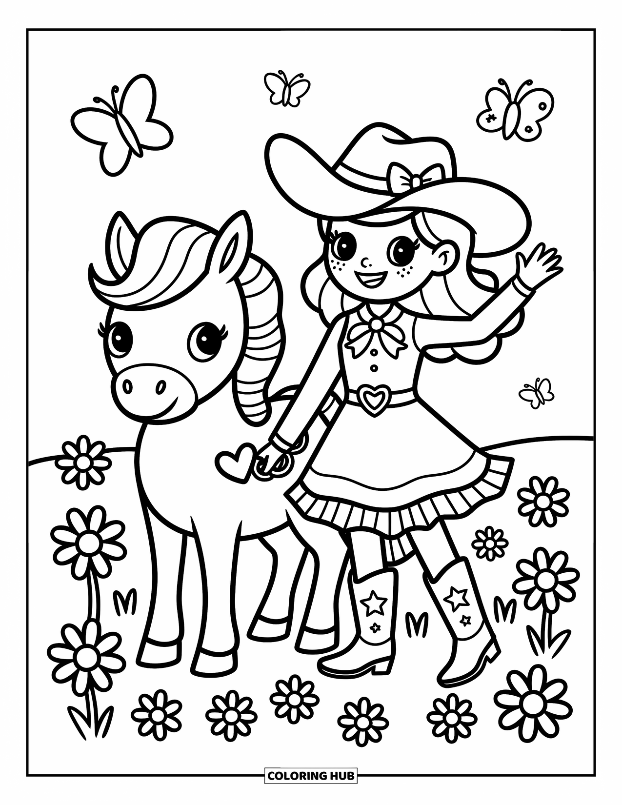 Cow Girl Coloring Page for Adults: A joyful cowgirl and her pony stand in a cheerful meadow full of flowers