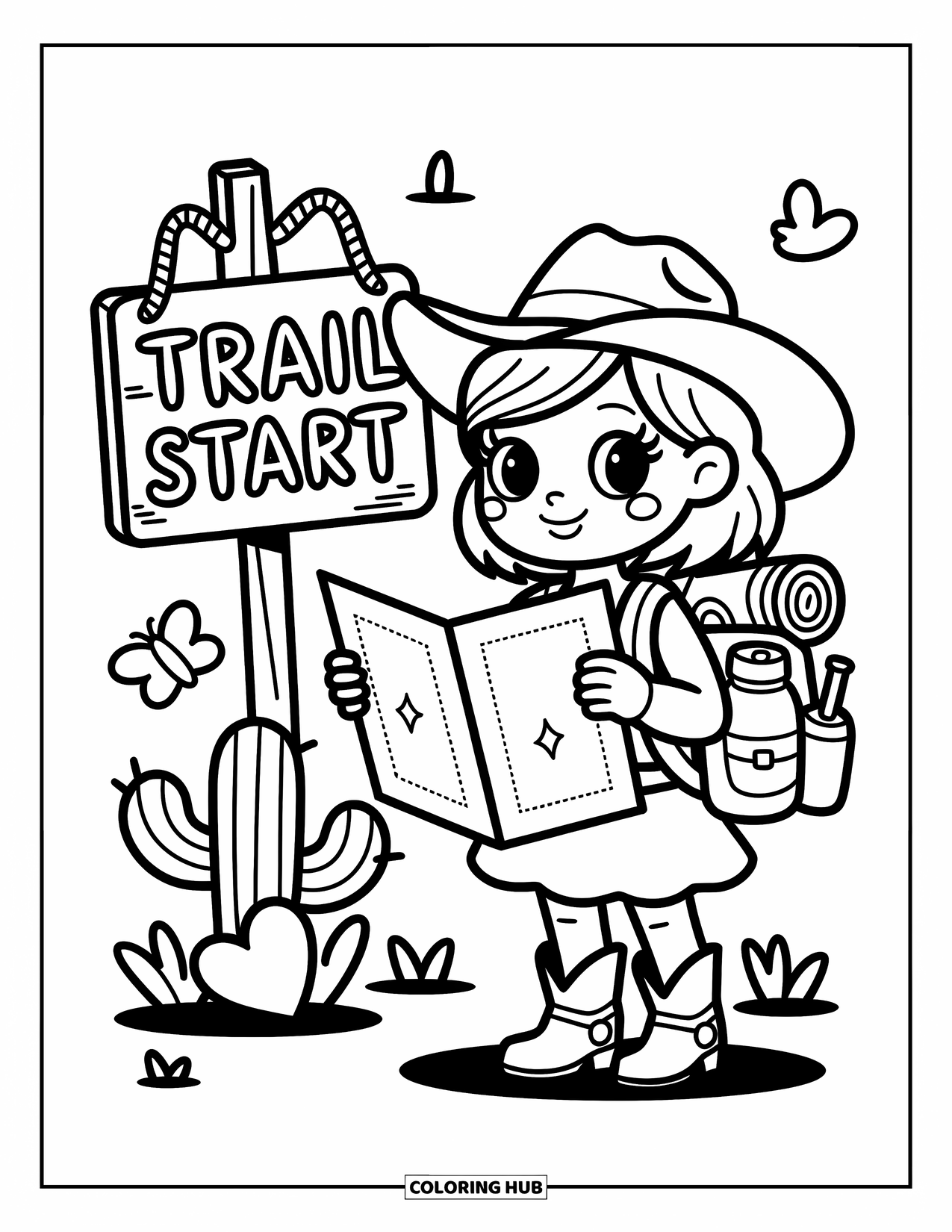 Cow Girl Coloring Page for Adults: A kawaii cowgirl holds a map beside signs, a cactus, and a heart-shaped rock