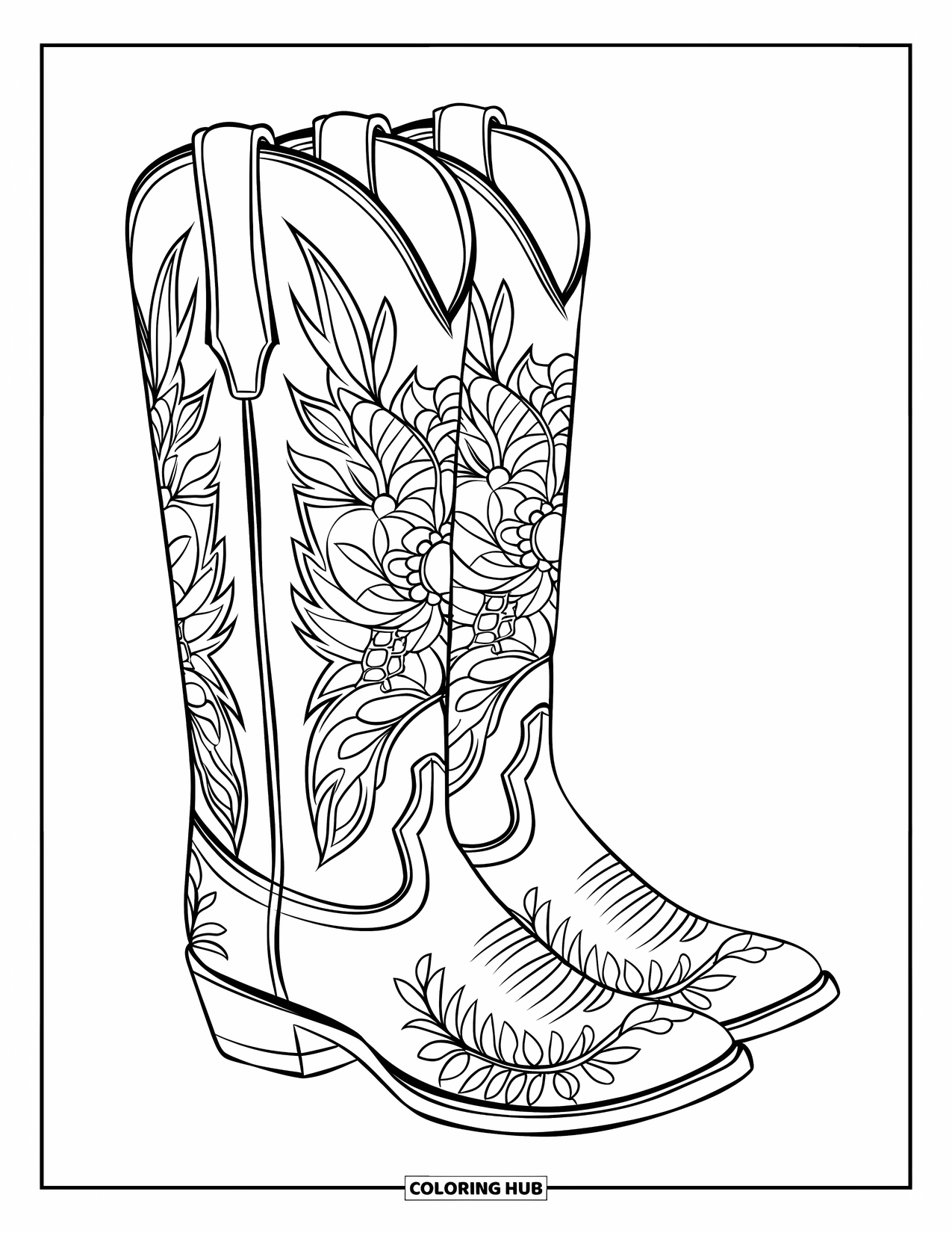 Cow Girl Coloring Page for Adults: A pair of floral cowgirl boots sits on a white background