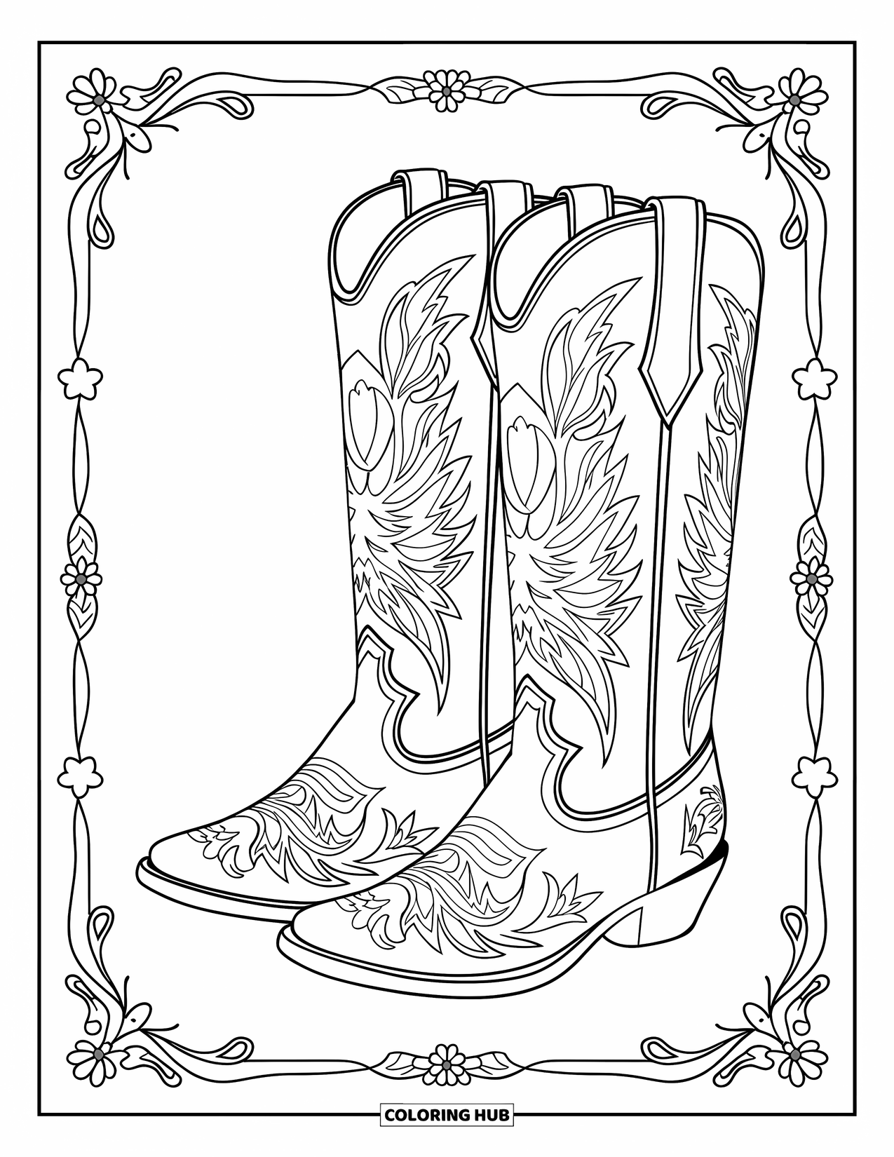 Cow Girl Coloring Page for Adults: A pair of patterned cowgirl boots stands with a decorative border on white
