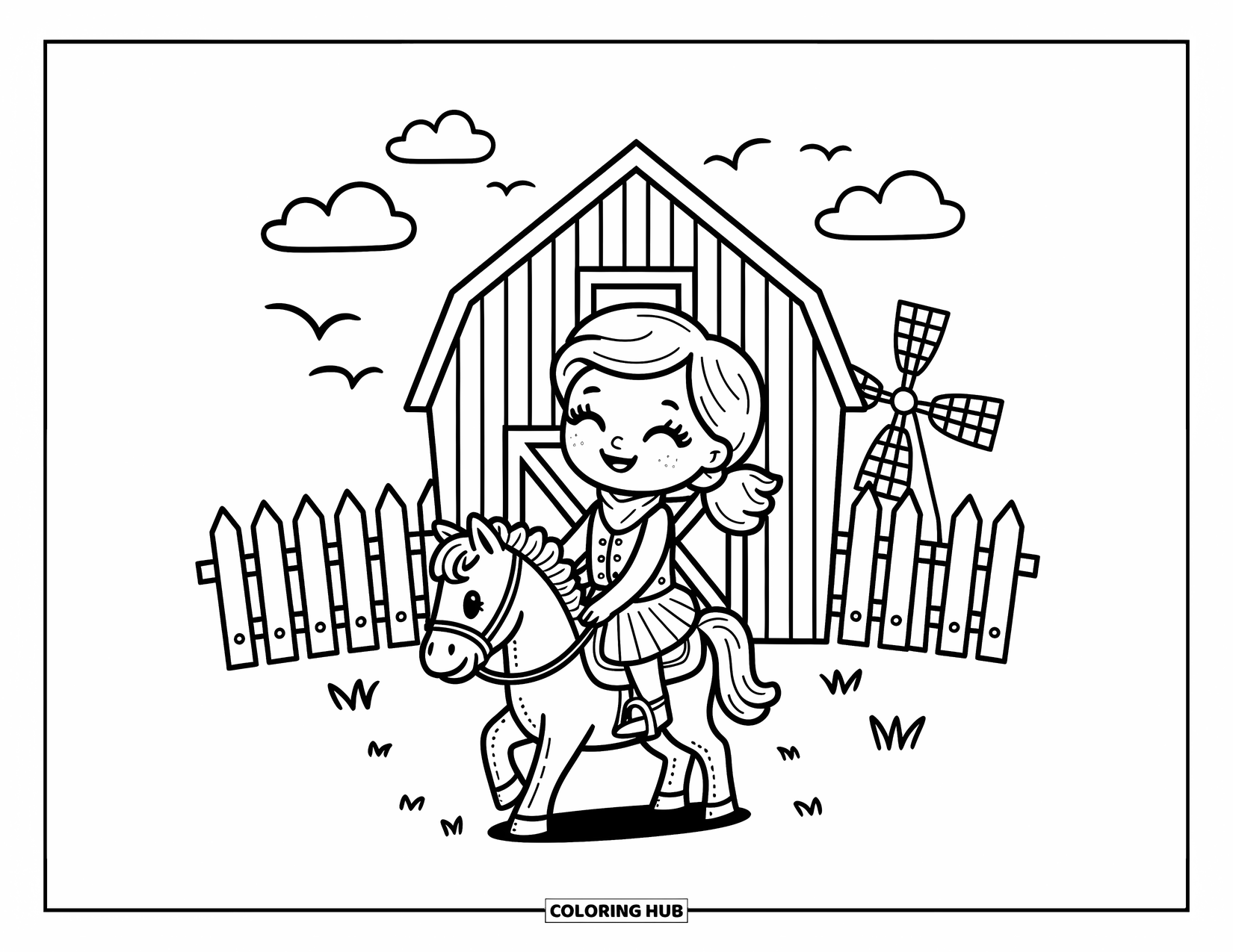 Cow Girl Coloring Page for Adults: A smiling cowgirl gallops on a hobby horse near a barn and windmill