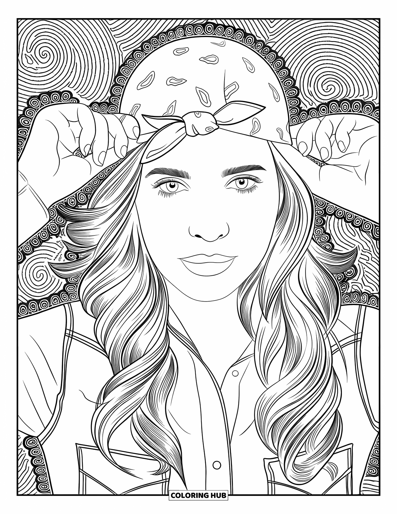 Cow Girl Coloring Page for Adults: A wavy-haired cowgirl adjusts her head bandana in front of a swirl-filled backdrop
