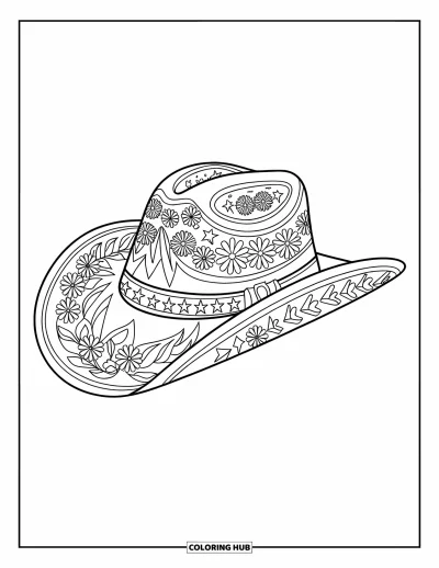 Cowgirl-målarbild för vuxna: En bredbrättad hatt med blommor och ränder ligger mot en vit bakgrund