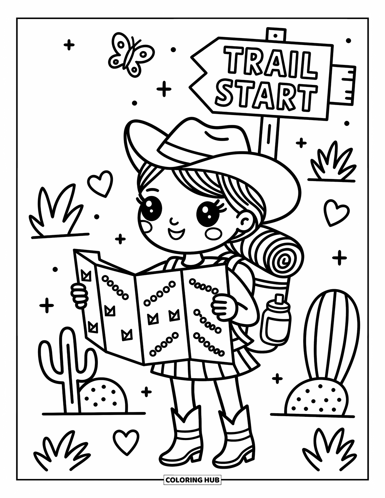 Cow Girl Coloring Page for Adults: An adventurous cowgirl holds a huge map by a "Trail Start" sign and cactus
