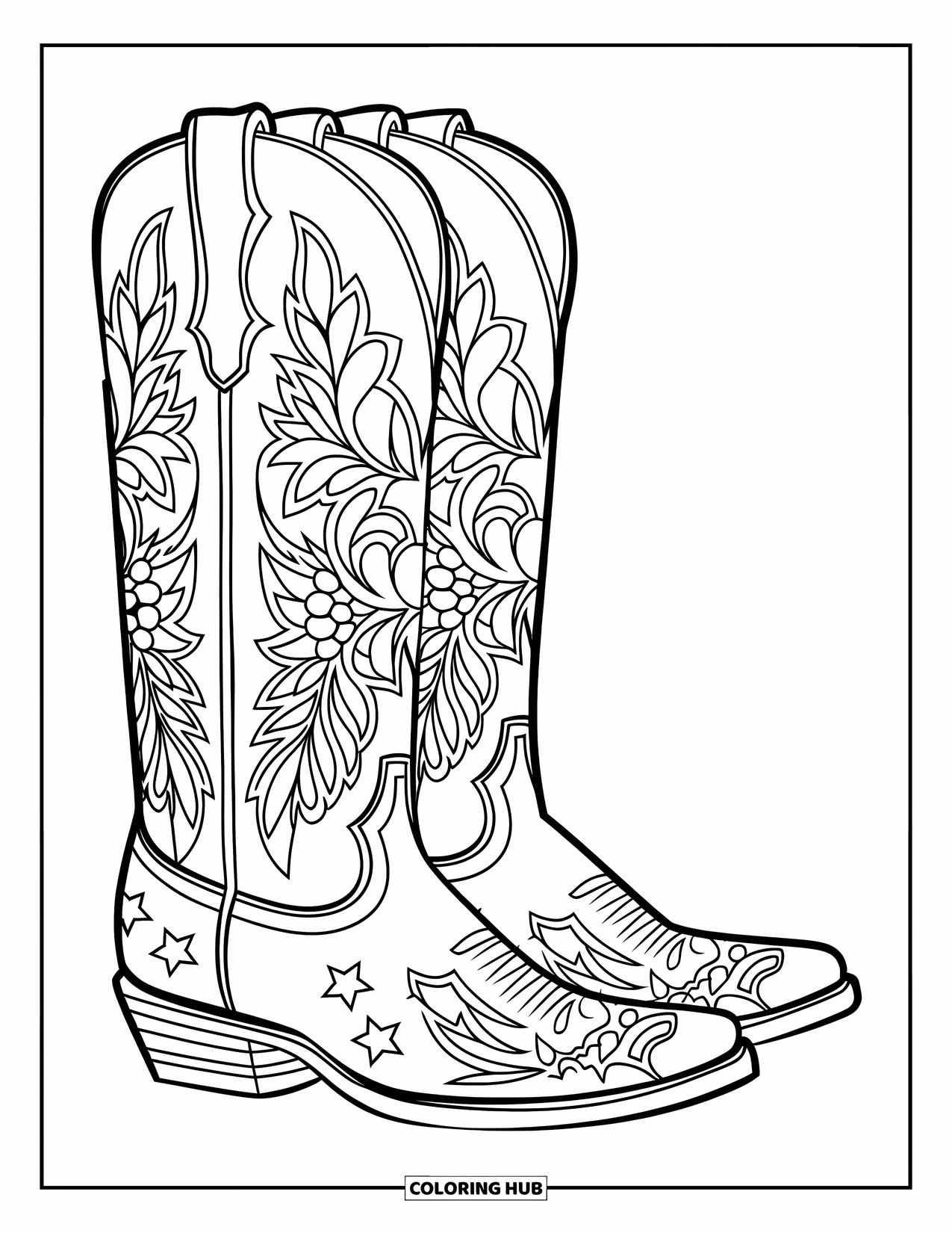 Cow Girl Coloring Page for Adults: Boots with floral tops and striped bottoms sit on a wooden base