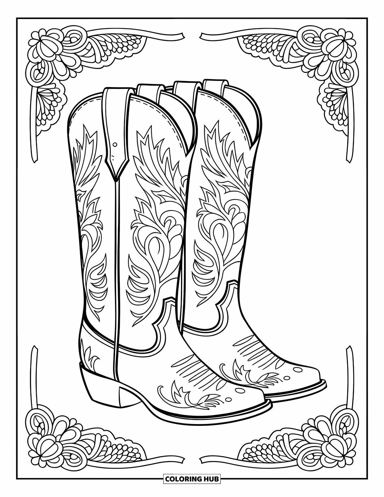 Cow Girl Coloring Page for Adults: Cowgirl boots with vines and stars stand against a decorative border