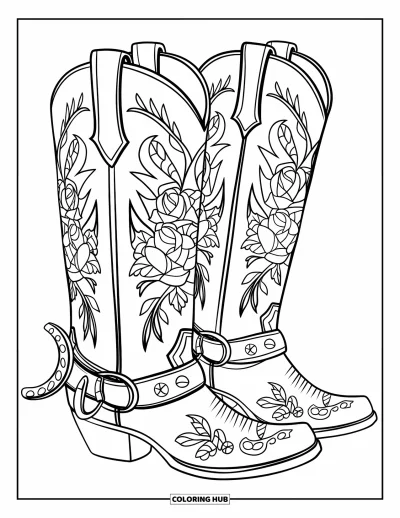 Cowgirl-målarbild för vuxna: Stövlar med blomdekorationer, remmar, rosor och sporrar på en vit sida