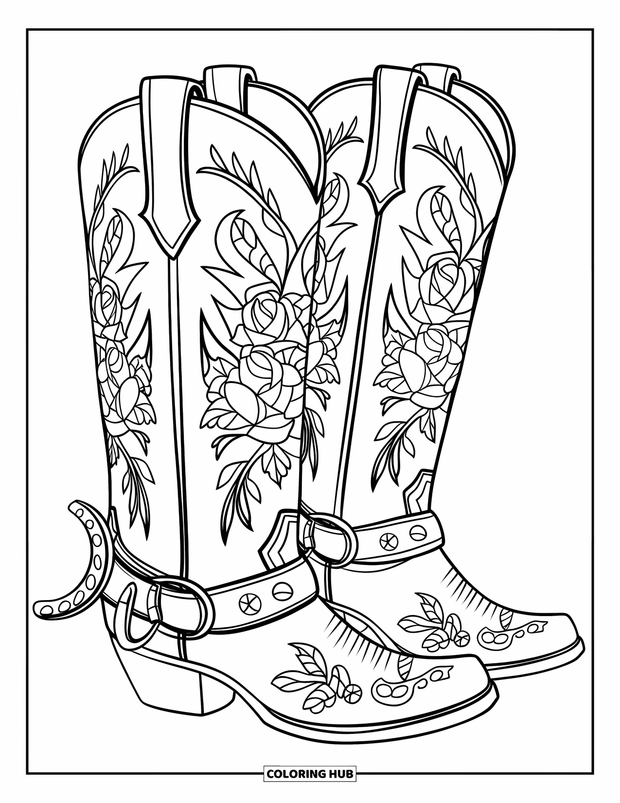 Cow Girl Coloring Page for Adults: Floral boots with straps, roses, and spurs are outlined on a white page