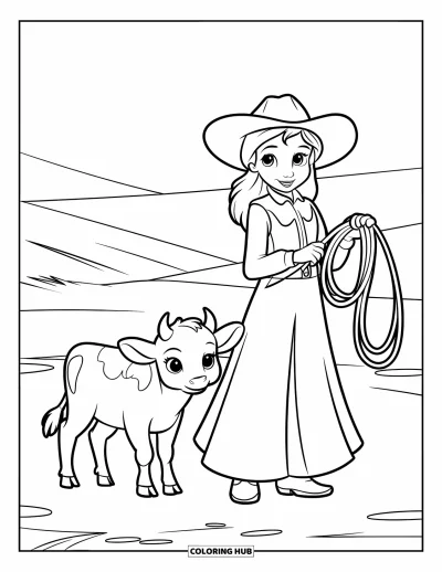Cowgirl-målarbild för barn: En glad cowgirl håller ett lasso bredvid en liten ko under klar himmel