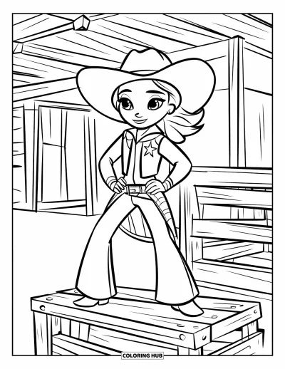 Cowgirl-målarbild för barn: En självsäker cowgirl med ett märke står stolt på en träkasse