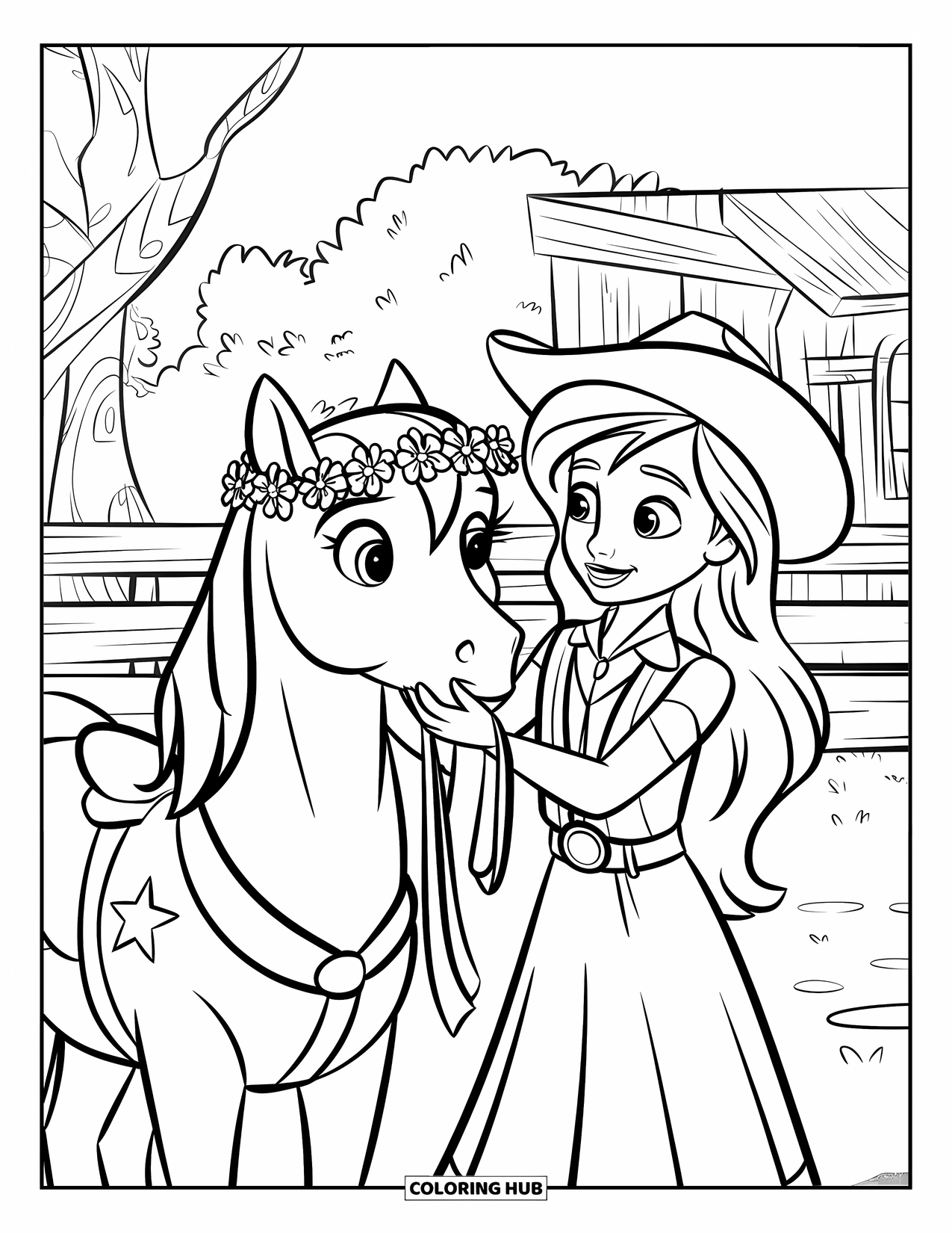 Cow Girl Coloring Page for Kids: A cowgirl gives her ribbon-wearing pony a flower crown by the fence