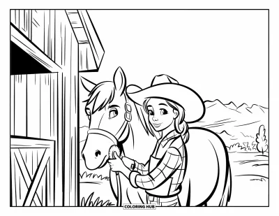 Cowgirl-målarbild för barn: En cowgirl vårdar sin ponny intill en rustik träladugård