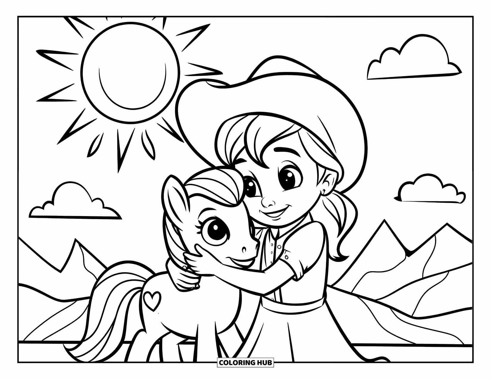 Cow Girl Coloring Page for Kids: A cowgirl hugs her pony with a heart on its side beneath the sky