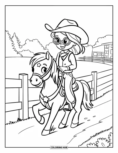 Cowgirl-målarbild för barn: En cowgirl med glasögon rider en ponny med en stjärnformad fläck