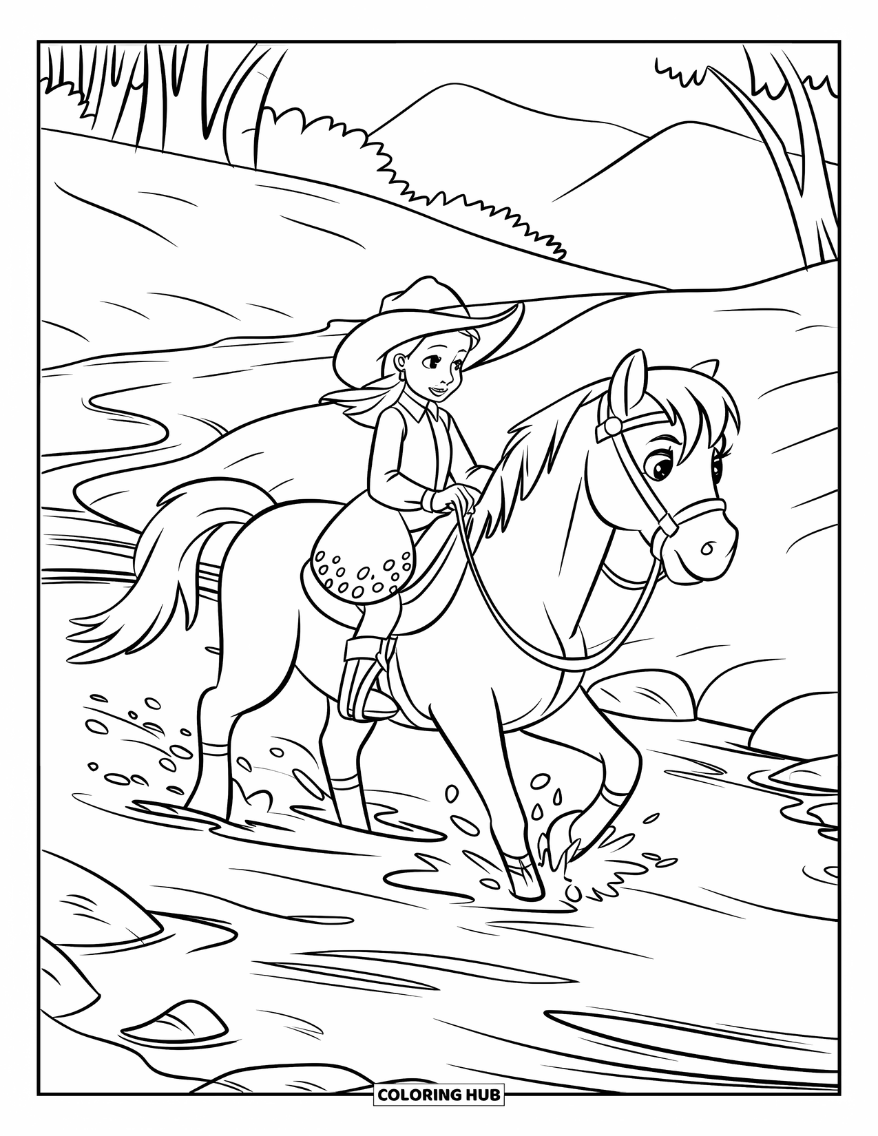Cow Girl Coloring Page for Kids: A cowgirl in polka dots rides her pony through a calm, shallow stream