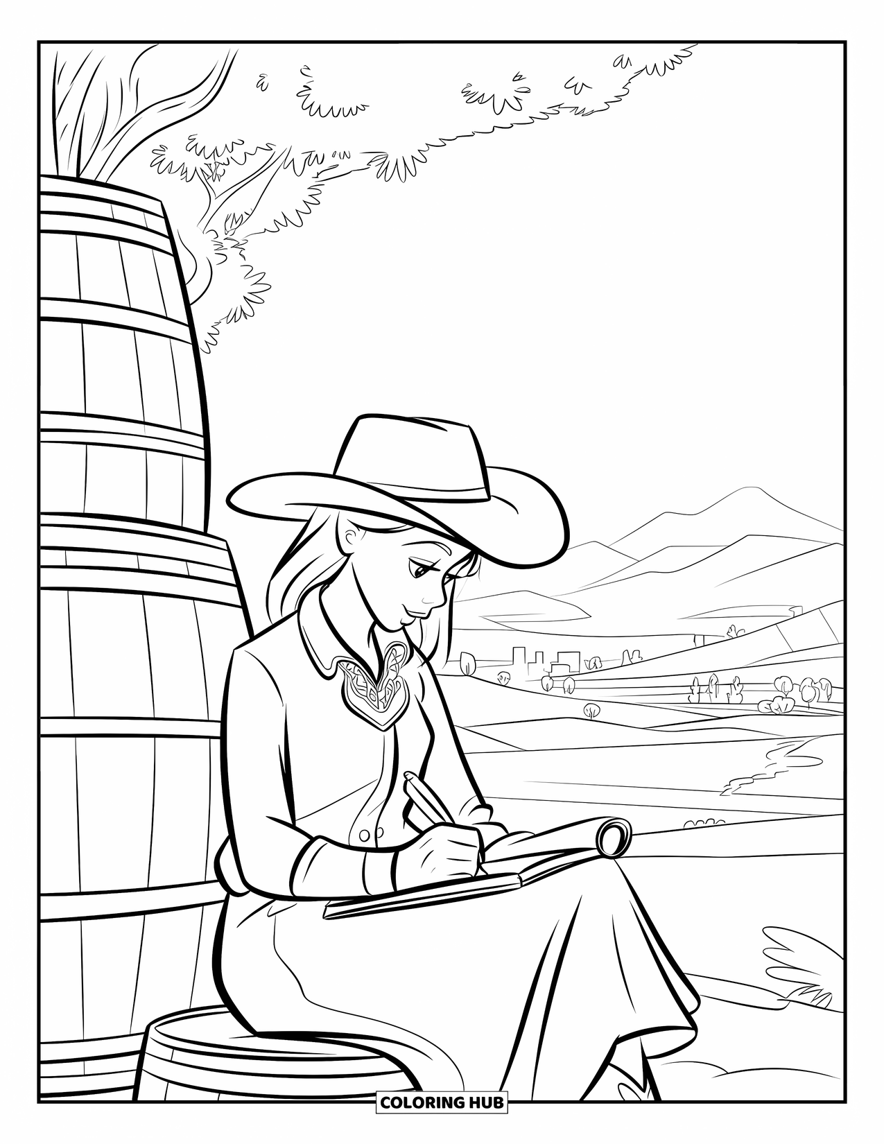 Cow Girl Coloring Page for Kids: A cowgirl jots down thoughts beside barrels with distant hills behind her