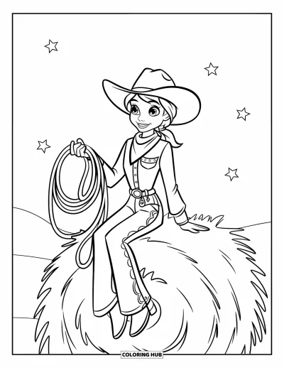 Cowgirl-målarbild för barn: En cowgirl på en höstack håller ett lasso under en stjärnklar himmel