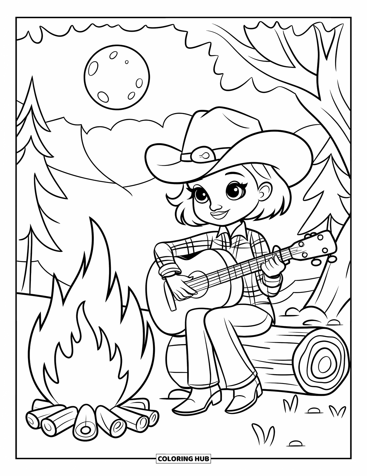 Cow Girl Coloring Page for Kids: A cowgirl plays guitar by a campfire under the glowing moon