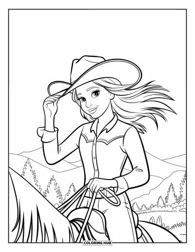 Cowgirl-målarbild för barn: En cowgirl rider en häst med vinden i håret