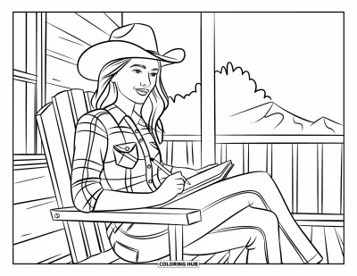 Cowgirl-målarbild för barn: En cowgirl sitter på en stol och skissar berglandskap från en rustik veranda