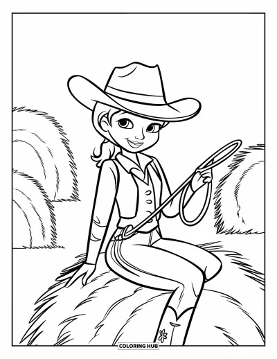 Cowgirl-målarbild för barn: En cowgirl sitter på en höstack och håller ett lasso med hö runt om sig