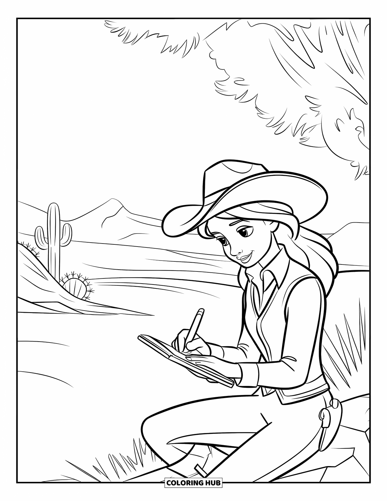 Cow Girl Coloring Page for Kids: A cowgirl sits on a rock, sketching the calm desert around her