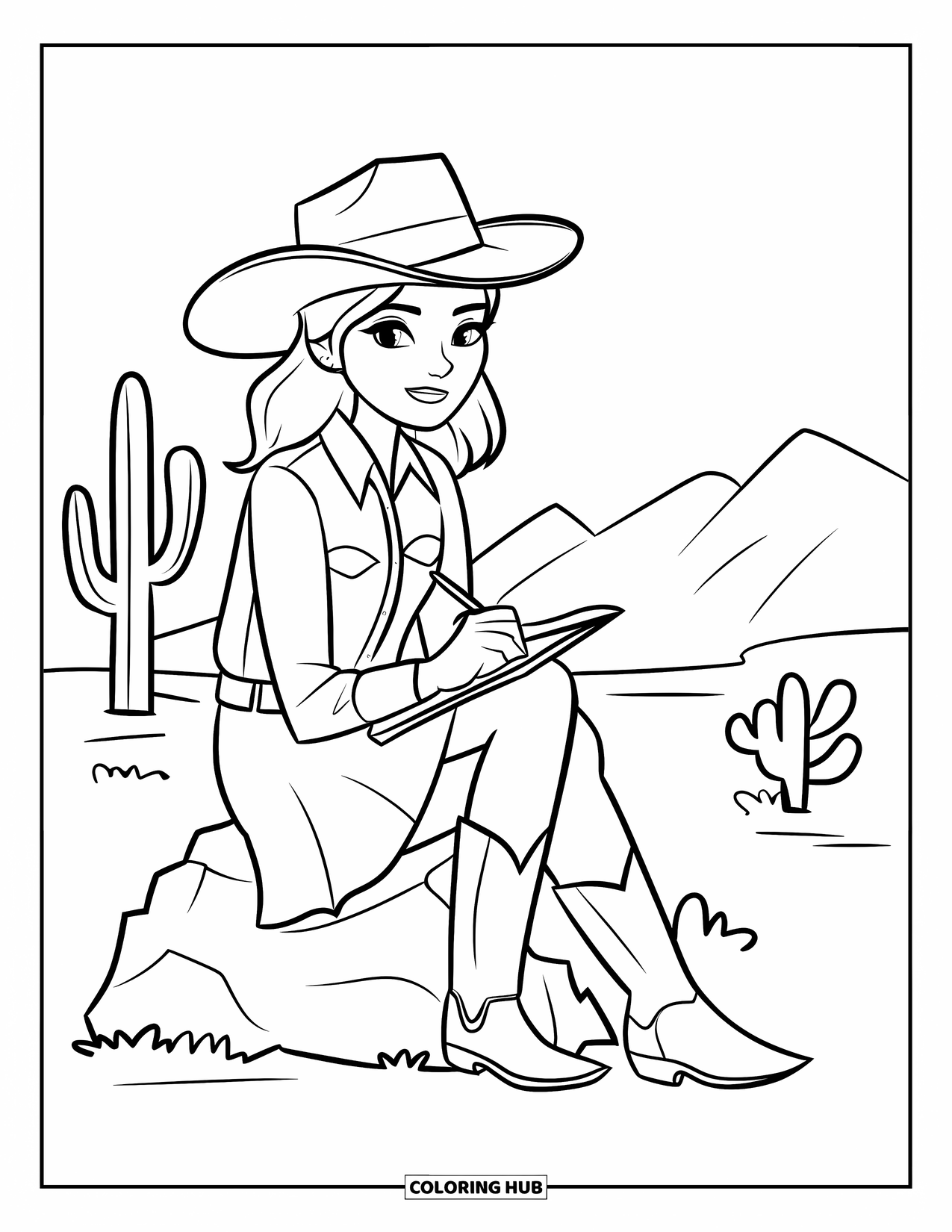 Cow Girl Coloring Page for Kids: A cowgirl sketches a quiet desert scene with cacti and distant hills