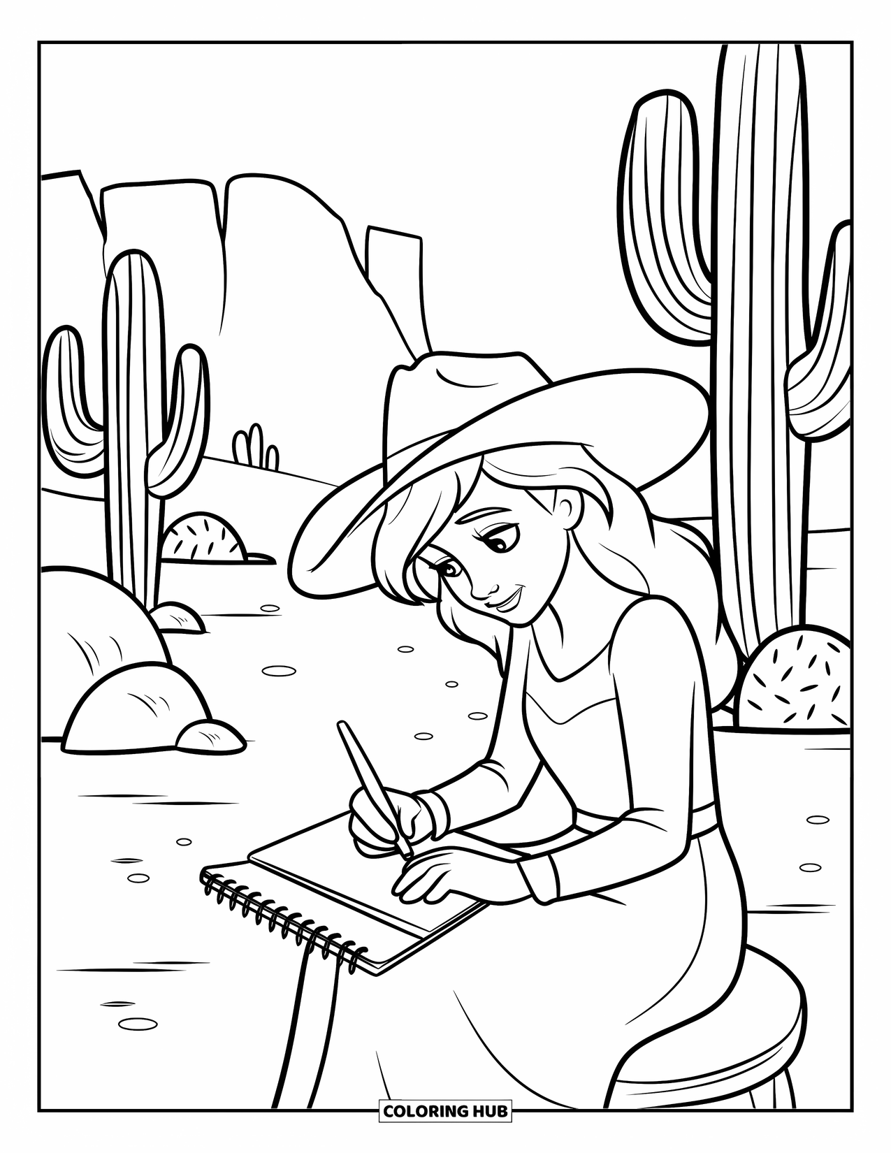 Cow Girl Coloring Page for Kids: A cowgirl sketches quietly while sitting near desert rocks and cacti