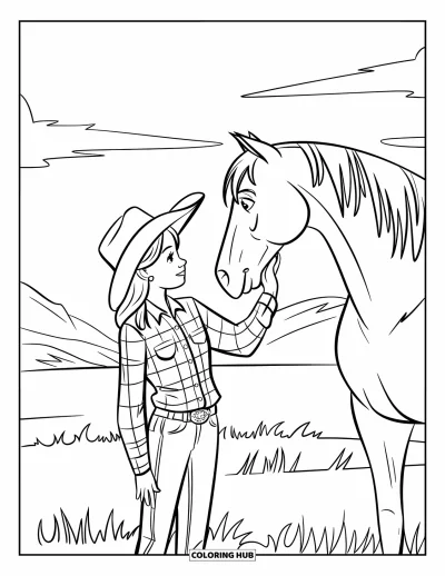 Cowgirl-målarbild för barn: En cowgirl står i ett fält och klappar sin häst nära bergen